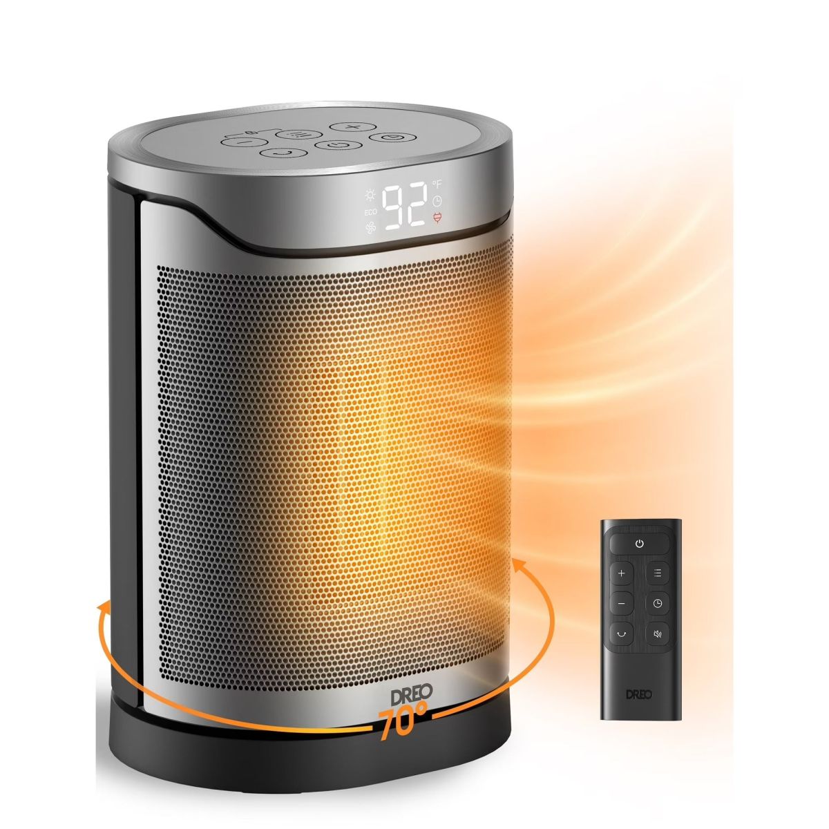 Aeroterma Dreo Atom 318, 1500W, Heater Ceramica, Termostat, Eco Mode, Funcție Ventilator, Oscilatie 70°, Timer 12h, Silentios, Display LED, Telecomanda, Negru&Argintiu