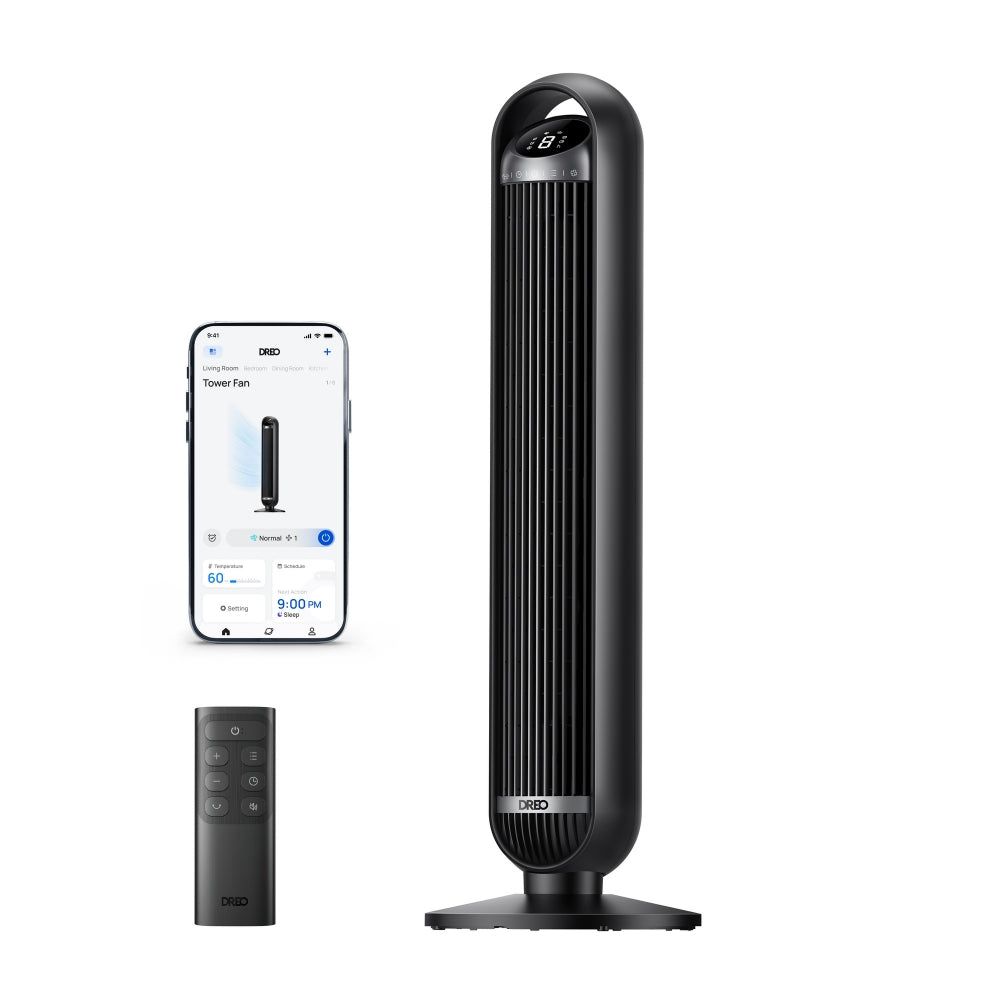 Ventilator Turn Smart Dreo DR-HTF013S, Telecomandă, 8 Viteze, 4 Moduri Funcționare, Oscilație Automată 90°, Timer 8H, Control WiFi, Motor DC Silențios, Negru