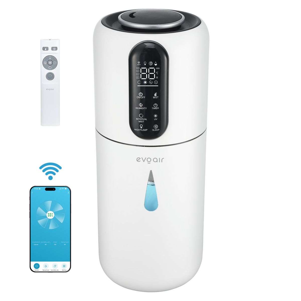 Umidificator Evoair STEAMIX3800 Smart, Wifi, Rezervor 3.8L, Capacitate de umidificare 300ml/h, Senzor umiditate, Mod Auto, Autonomie 13 ore, Lampă UVA, Aromaterapie, Indicator umiditate și te