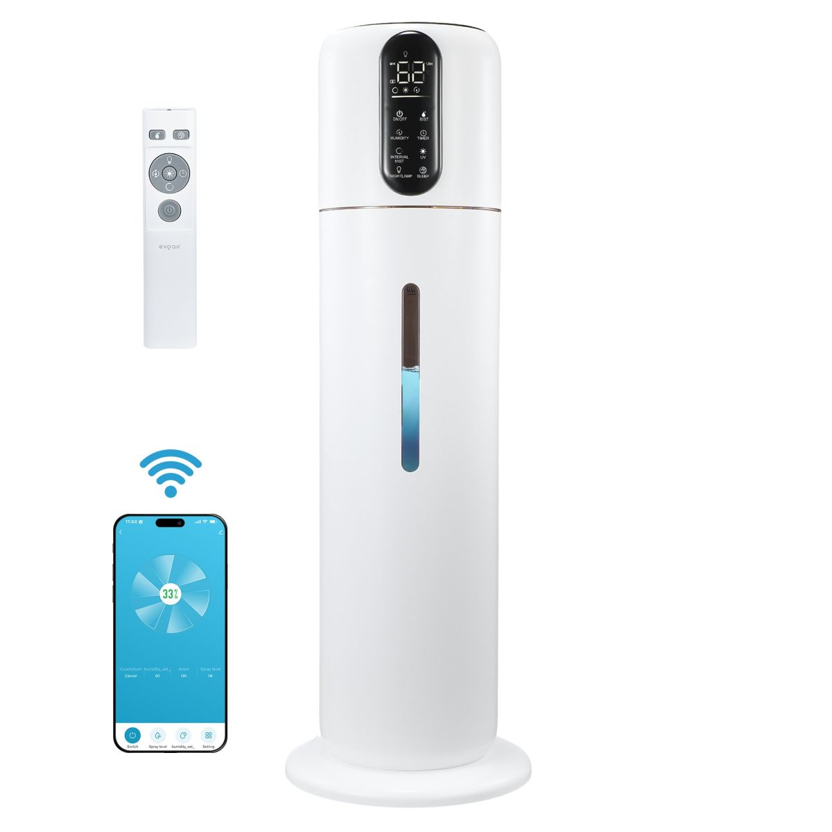 Umidificator Evoair STEAMIX8500 Smart, Wifi, Rezervor 8.5L, Capacitate de umidificare 300ml/h, Senzor umiditate, Mod Auto, Autonomie 28 ore, Lampă UVA, Aromaterapie, Indicator umiditate și te